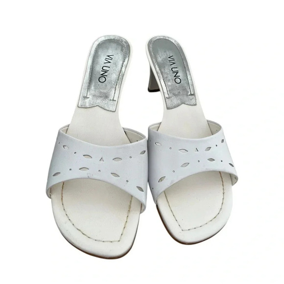 Via Uno White Cut-Out Mule Sandals Slip-On Heels Size 7 - Picture 1 of 7